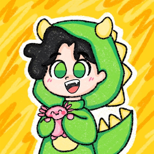 Irvin con su traje de dinosaurio verde y su ajolote rosa